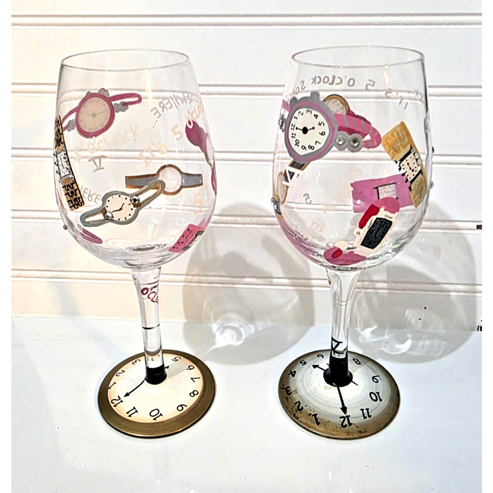 Lolita - It's 5 O'clock Somewhere - Hand Painted 9" Wine Glasses Set of 2